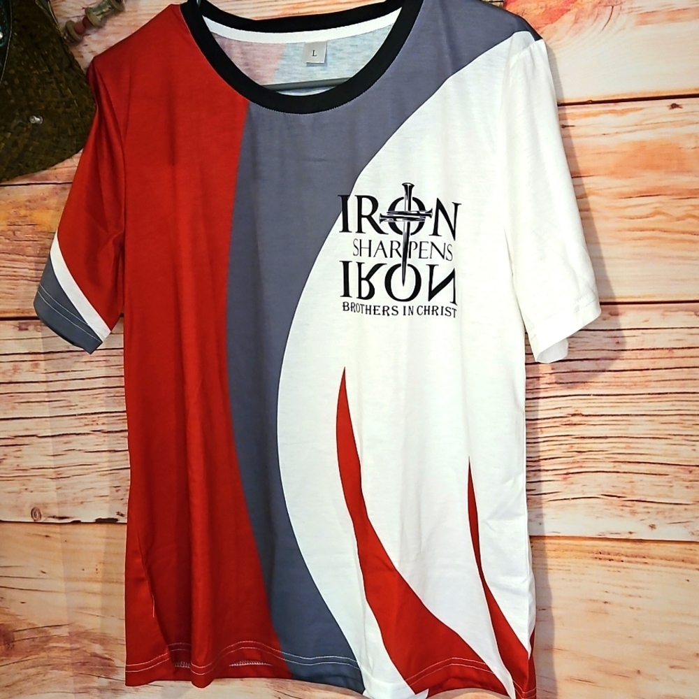 NWOT MENS CHRISTIAN TSHIRT. "IRON SHARPENS IRON"! Size Large